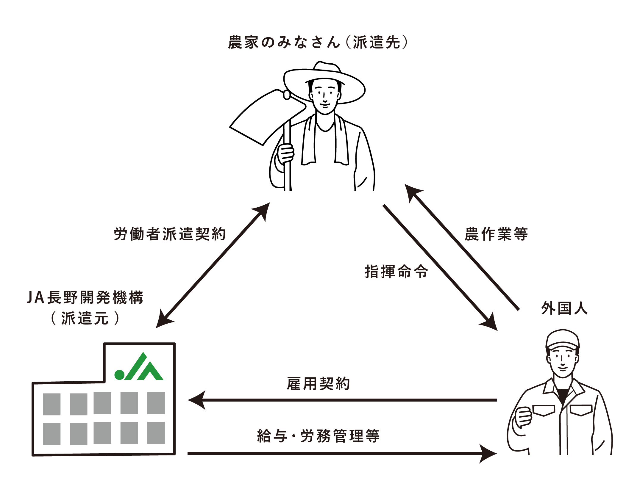 農家の皆さん、JA長野開発機構、外国人の関係図